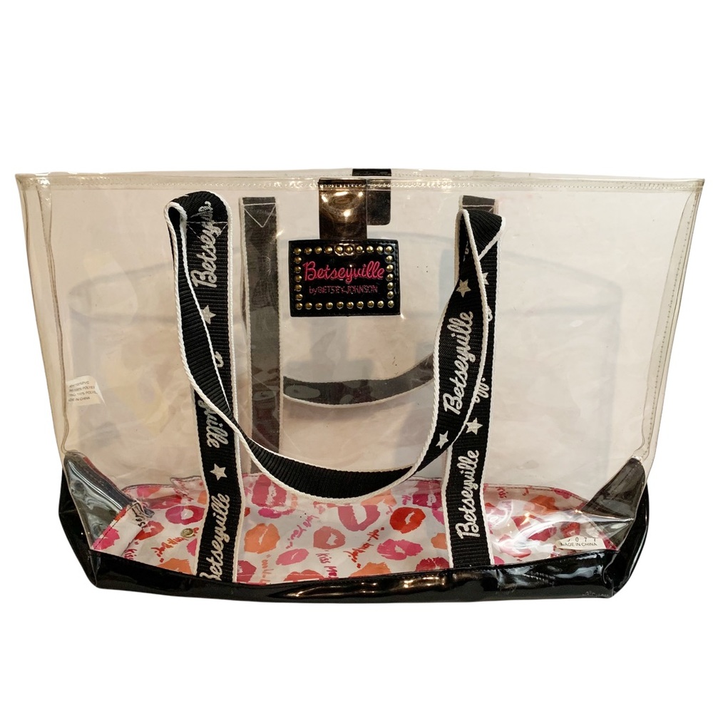 Betseyville by Betsey Johnson Clear Tote Bag Purse Black Logo Straps Designer